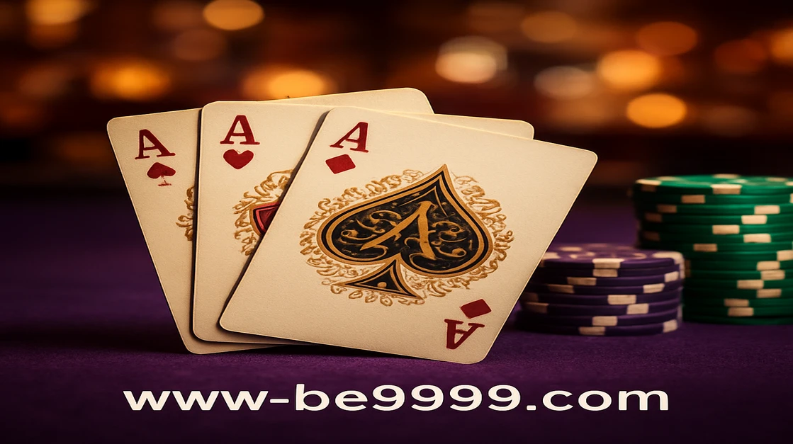 BE9999-এ টেবিলে একটি শক্তিশালী তিনটি এস জয়ী হাত সাজানো আছে, পাশে সবুজ খেলার টোকেনের বিশাল স্তূপ; BE9999-এ কার্ড গেমে বড় জয় পাওয়ার উত্তেজনা বোঝায়।